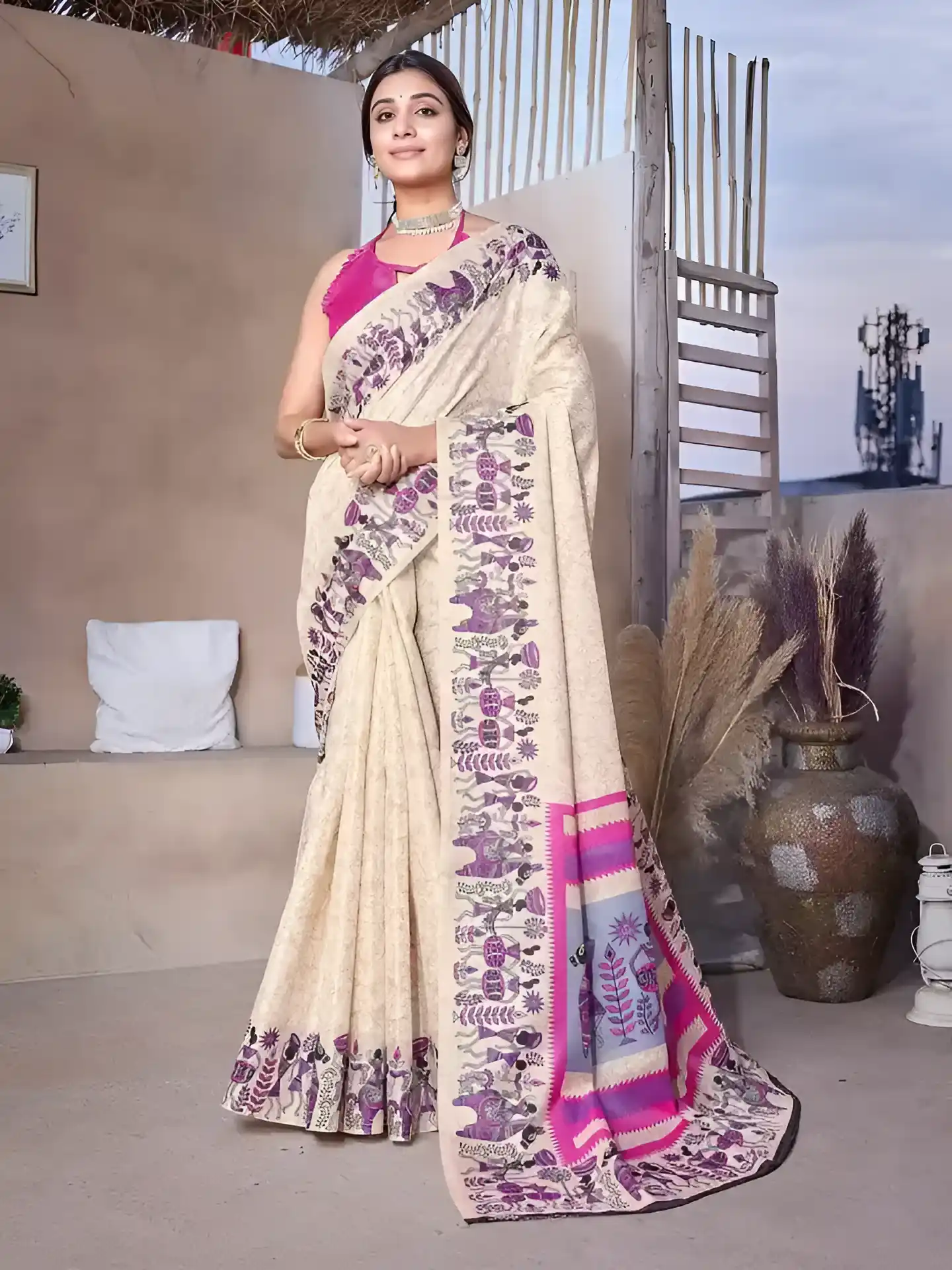 Warli Art Printed Beige & Pink Silk Saree.png